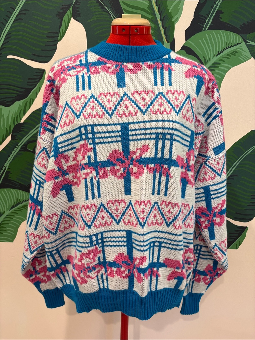 Vintage Deadstock 1980s Blue, White & Pink Patterned Knit Sweater
